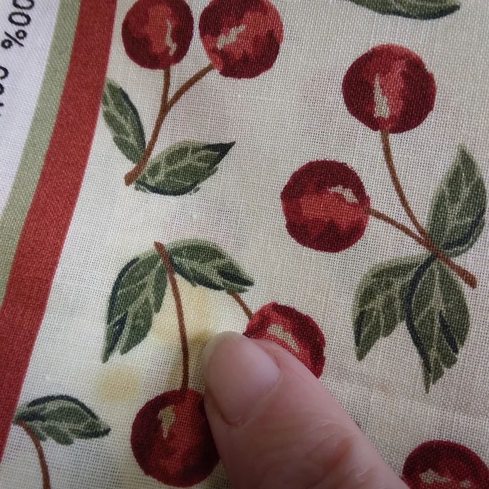 FABRIC PILLOW PANELS with border, 3 Cherry Baskets, 3 Teapots